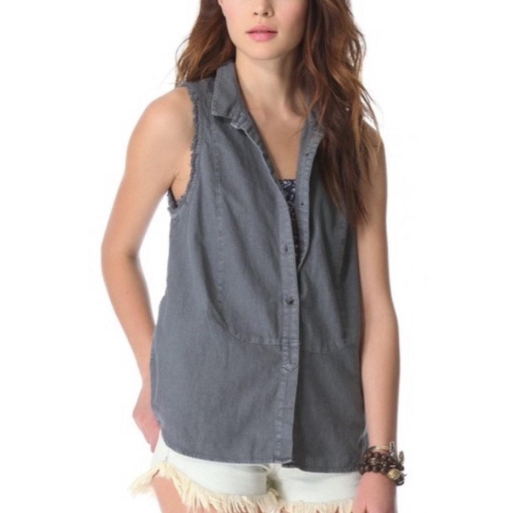 Free People Distressed Raw Edge Linen Blend Top